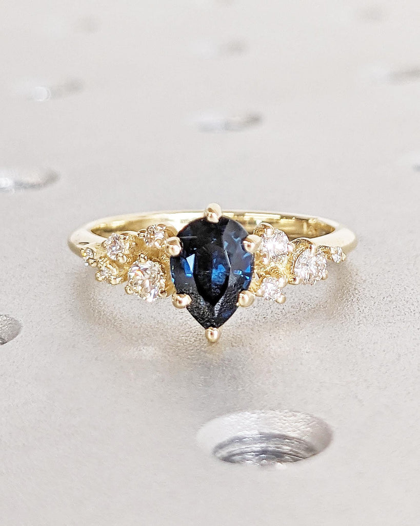 One of a Kind Montana Sapphire Ring, Pear Teal Sapphire, Snowdrift Cluster Ring Six-Prong, Vintage Inspired Peacock Sapphire Engagement Ring