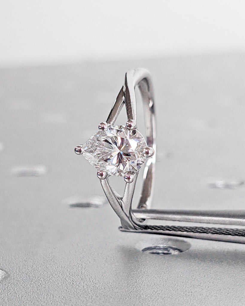 1CT Pear Lab Created Diamond Solitaire Engagement Ring, IGI Certified Pear Cut Diamond Wedding Ring Split Shank Unique Twisted Band 14K Gold