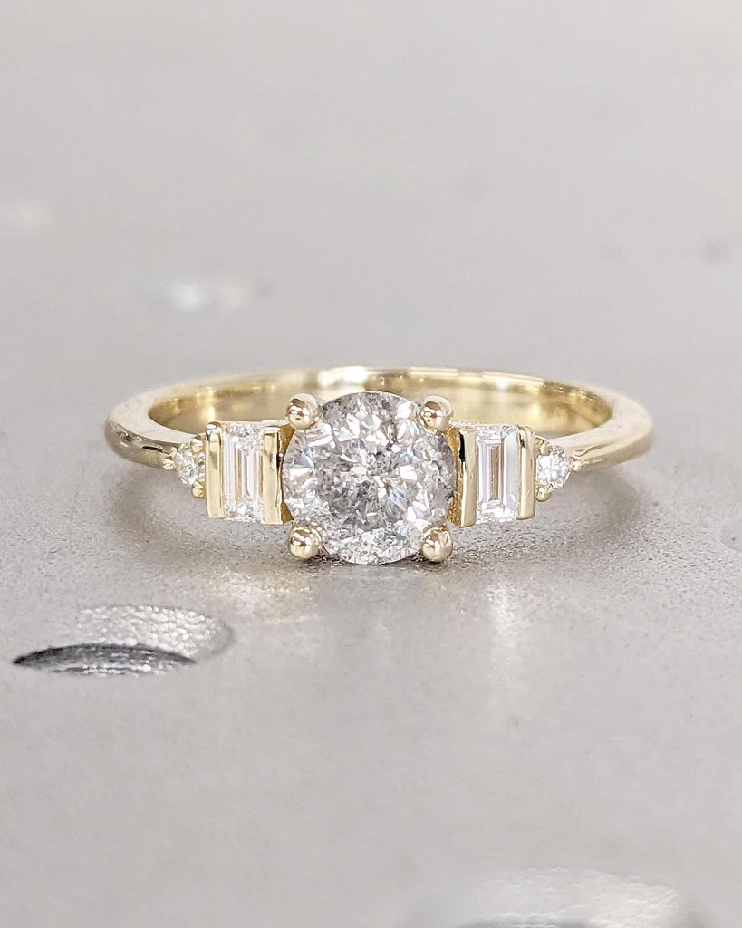 Five Stone Engagement Ring with Round Salt and Pepper Diamond center stone, Solitaire Round & Baguette Art Deco Bridal Ring, 5 Stone Wedding Ring, Yellow Gold Ring