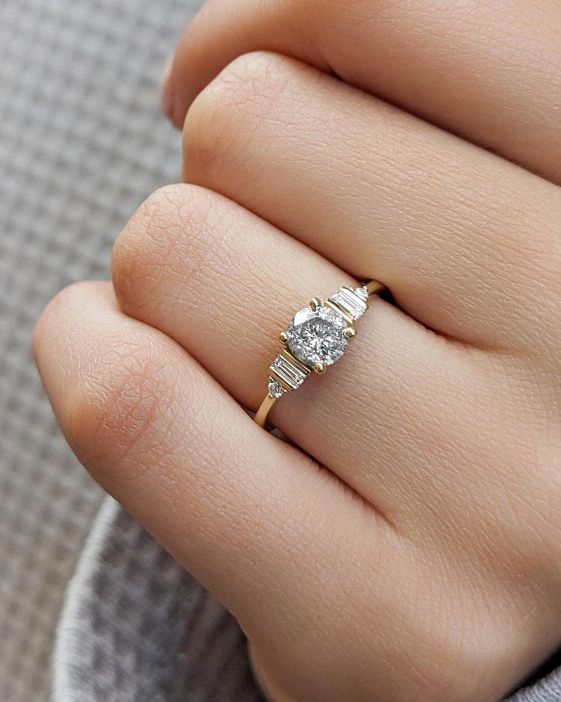 Dainty Solitaire Round & Baguette Art Deco Promise Ring, 5 Stone Engagement Ring, Round Salt and Pepper Diamond 14K Yellow Gold Diamond Ring