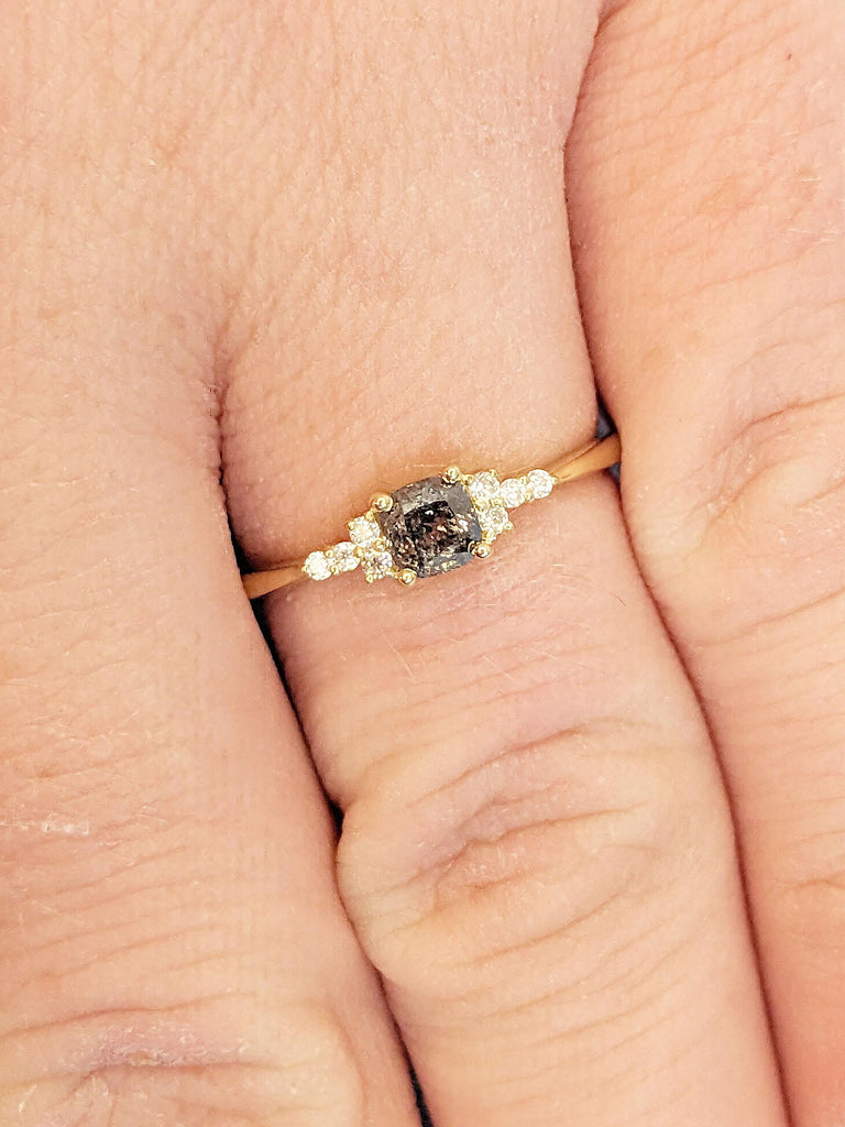 Dainty Salt and Pepper Diamond Engagement Ring, 14K Yellow Gold Wedding Ring, Cushion Cut Grey Salt and Pepper Diamond, Tiny Gold Ring, Minimalist Ring, Matching Rings for Women