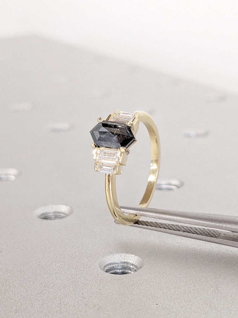 Vintage Grey Diamond Engagement Ring  | Natural Salt and Pepper Diamond Proposal Ring | Unique Hexagon cut Yellow Gold Ring | Art Deco Multi Stone Diamond Rings | Unique Anniversary Promise Ring