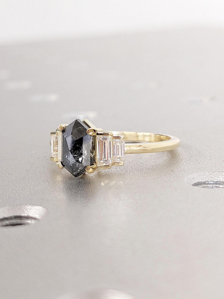 0.5ct Hexagon cut Salt and Pepper Grey Diamond Engagement Ring | 14k Gold Rings for Women | Five Stone Wedding Anniversary Ring for Wife