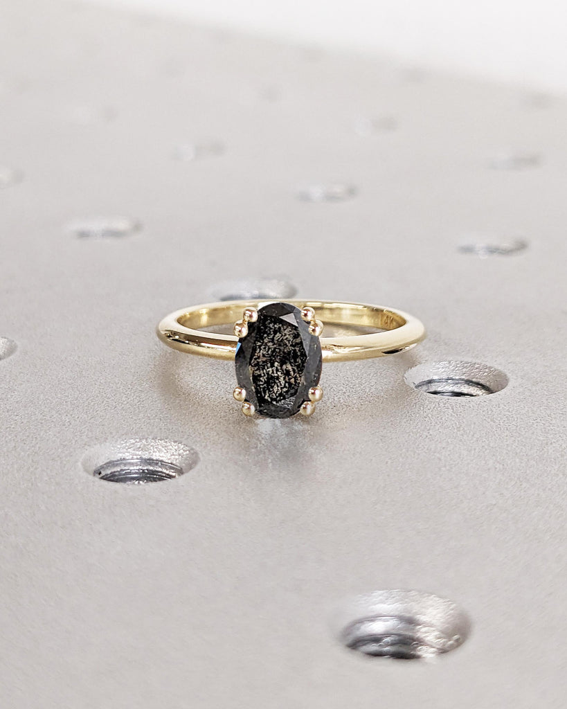 Oval Cut Salt and Pepper Diamond Engagement Ring | 14K Solid Gold Double Prong Engagement Ring | Simple Oval Solitaire Diamond Promise Ring