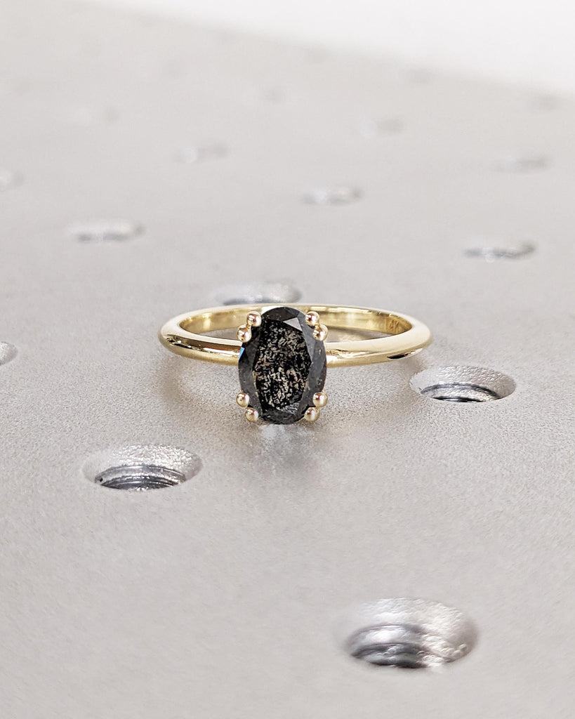 Oval Cut Solitaire Engagement Ring, Galaxy Gray Salt and Pepper Diamond Engagement Ring, Double Prong Ring, 14K Solid Gold Oval Diamond Ring