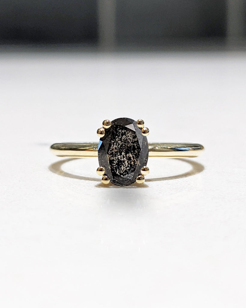 Oval Cut Salt and Pepper Diamond Engagement Ring | 14K Solid Gold Double Prong Engagement Ring | Simple Oval Solitaire Diamond Promise Ring