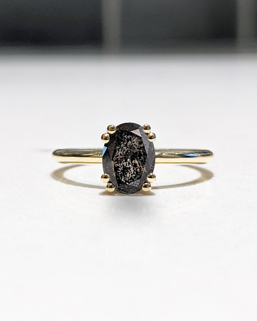Oval Cut Solitaire Engagement Ring, Galaxy Gray Salt and Pepper Diamond Engagement Ring, Double Prong Ring, 14K Solid Gold Oval Diamond Ring
