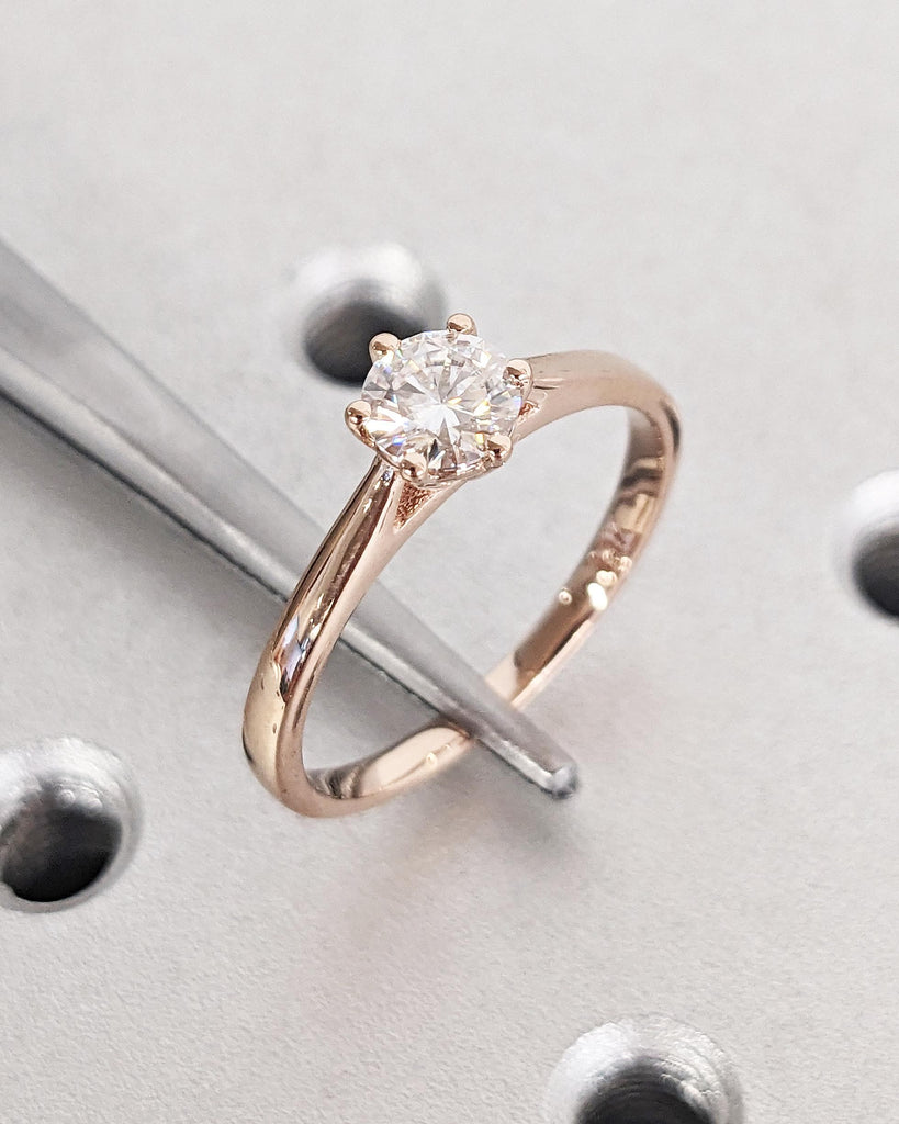 Round Cut Cathedral Engagement Ring, Moissanite Solitaire Engagement Ring, Dainty 14k Rose Gold Promise Ring for Her, Bridal Gift for Wife
