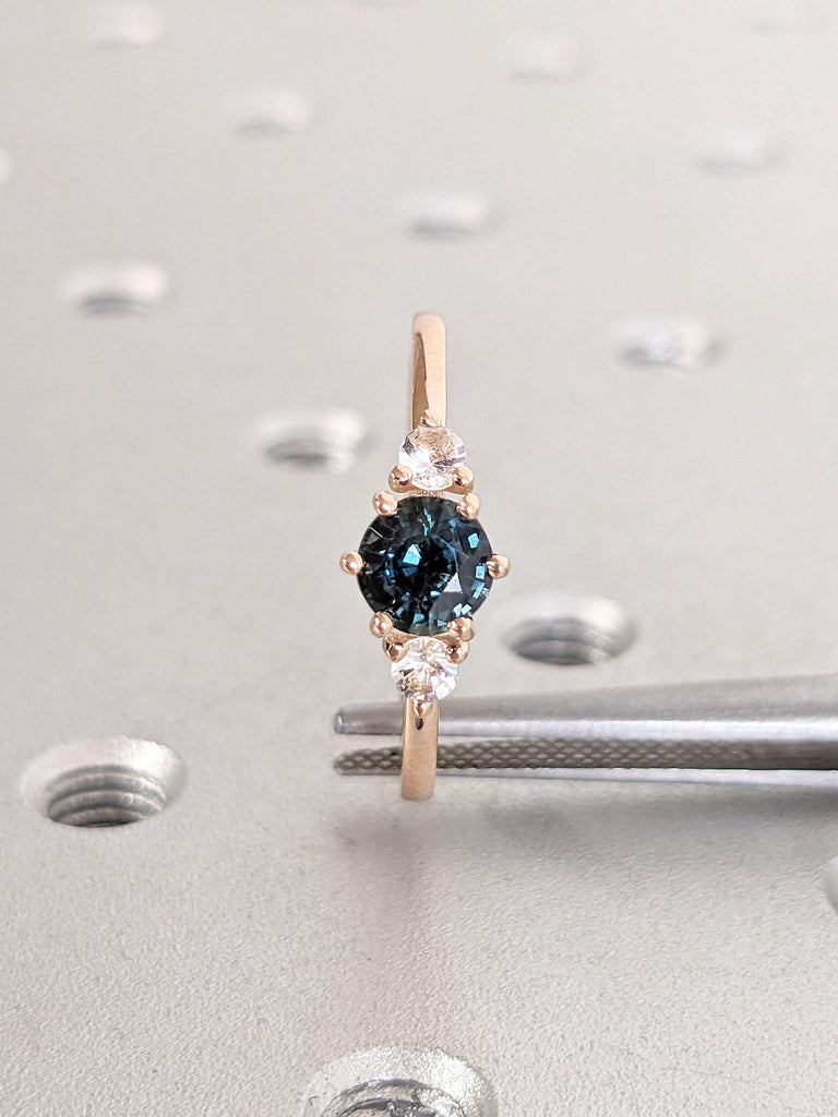 Teal Sapphire and Moonstone Ring | Round Blue Sapphire Engagement Ring | Moonstone Stacking Ring | 14K Rose Gold Moonstone Ring Gift for Her