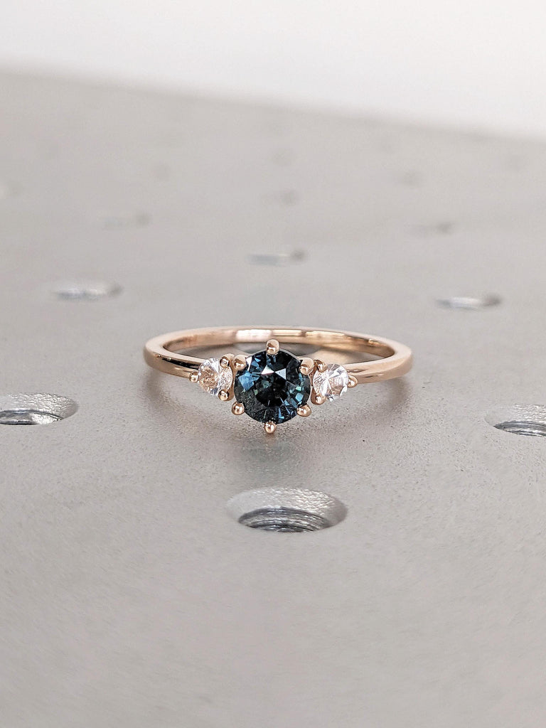 Vintage Moonstone and Sapphire Engagement Rings for Women | Solid Rose Gold Engagement Ring | Round Moonstone Ring | Dainty Bridal Ring Promise Ring Anniversary Gift