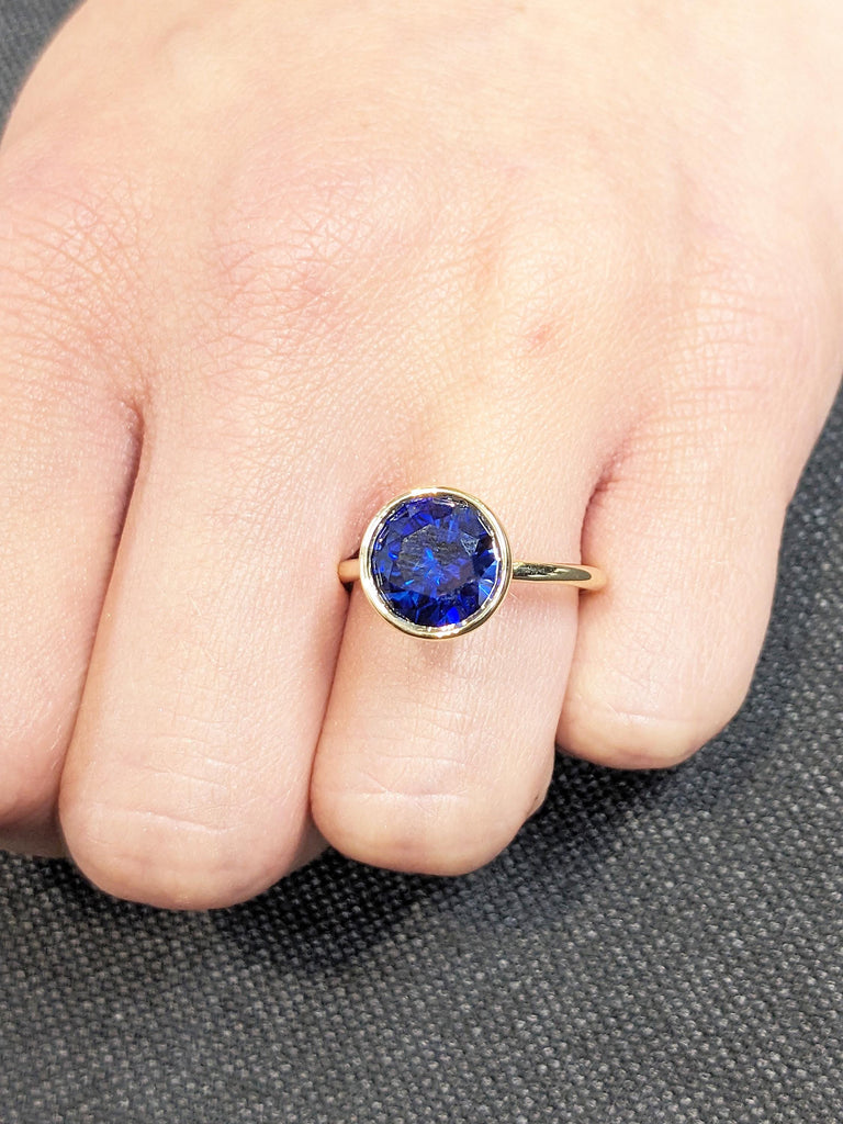 Lab Sapphire Engagement Ring | Solid Gold Statement Ring | Blue Sapphire Ring | Solitaire Birthstone Ring | Gift for Her | Dainty Bezel Ring