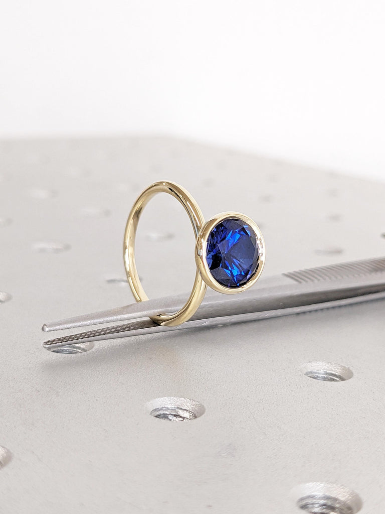 Lab Sapphire Engagement Ring | Solid Gold Statement Ring | Blue Sapphire Ring | Solitaire Birthstone Ring | Gift for Her | Dainty Bezel Ring