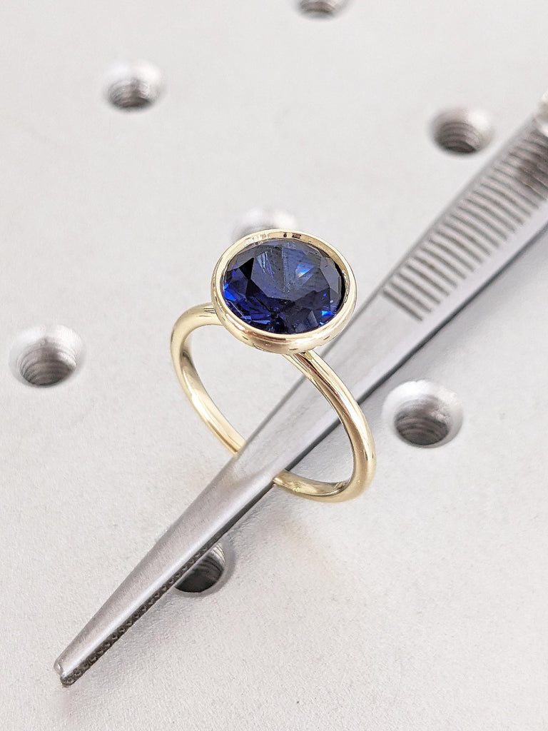 Lab Sapphire Engagement Ring | Solid Gold Statement Ring | Blue Sapphire Ring | Solitaire Birthstone Ring | Gift for Her | Dainty Bezel Ring