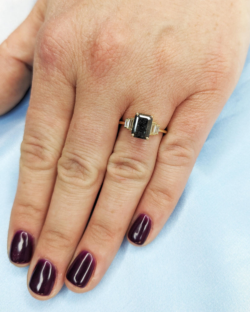 14k Yellow Gold Art Deco Engagement Ring | Black Diamond Baguette Ring, Women Minimalist Promise Ring | Vintage Salt and Pepper Diamond Ring image #10