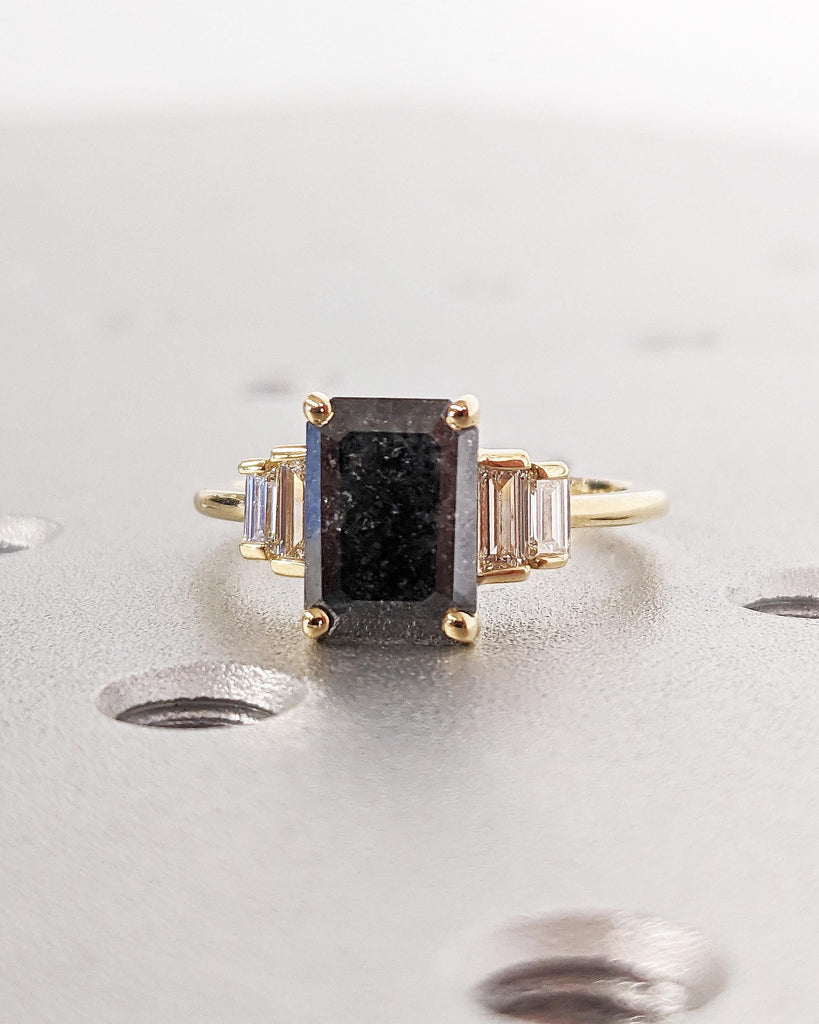 Vintage Salt and Pepper Grey Diamond Engagement Ring | Unique Emerald cut Yellow Gold Ring | Multi Stone Diamond Rings | Anniversary Ring