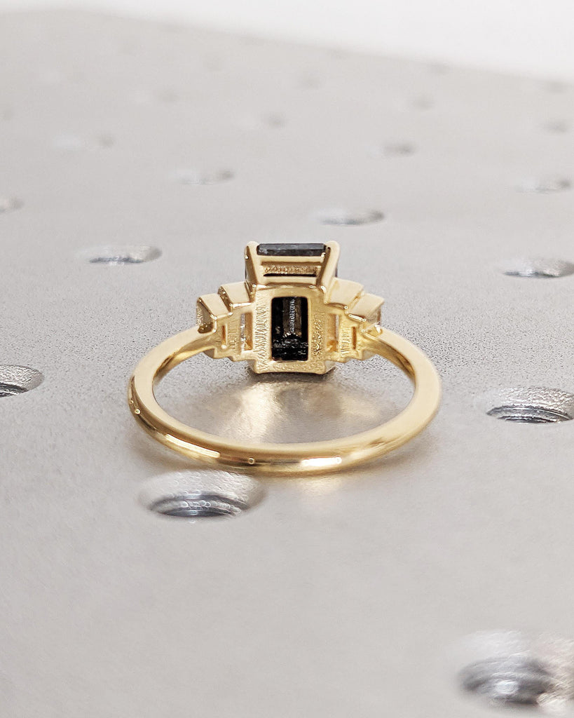 Vintage Salt and Pepper Grey Diamond Engagement Ring | Unique Emerald cut Yellow Gold Ring | Multi Stone Diamond Rings | Anniversary Ring