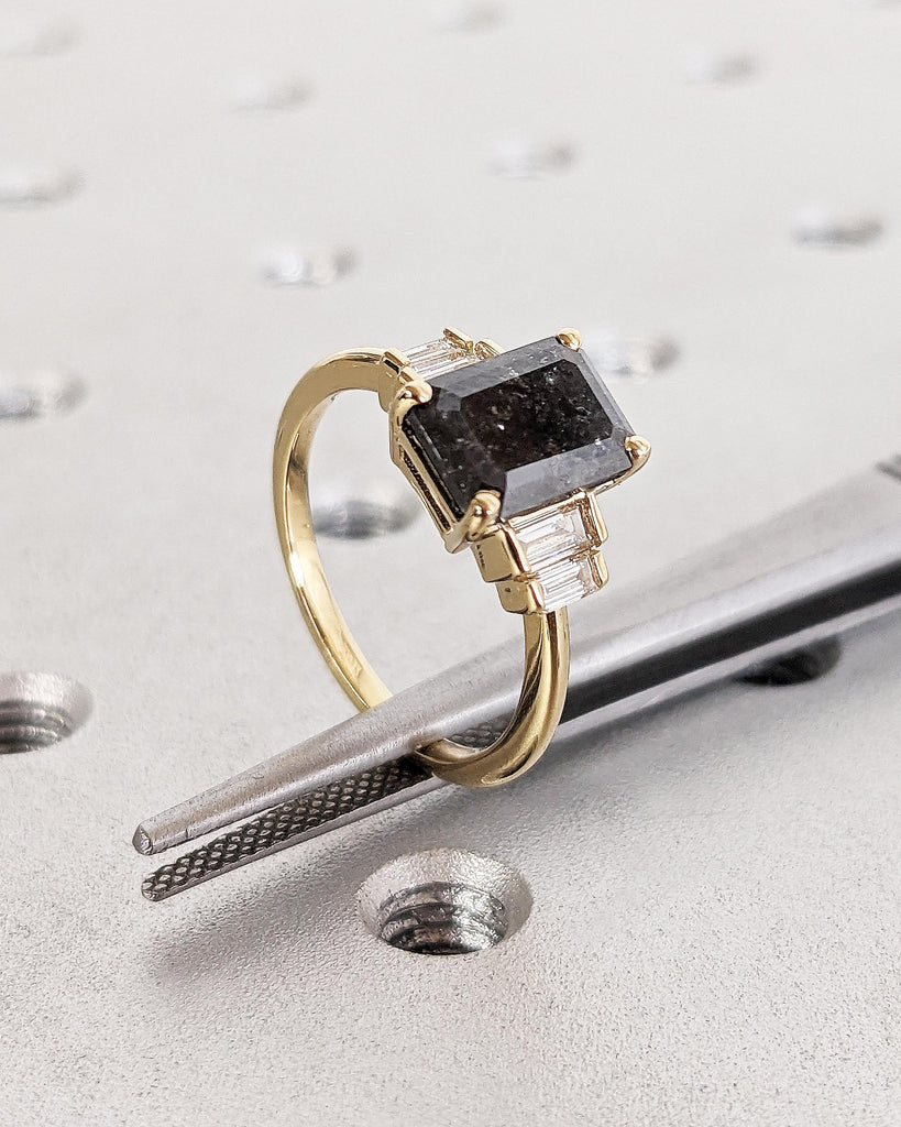 Vintage Salt and Pepper Grey Diamond Engagement Ring | Unique Emerald cut Yellow Gold Ring | Multi Stone Diamond Rings | Anniversary Ring