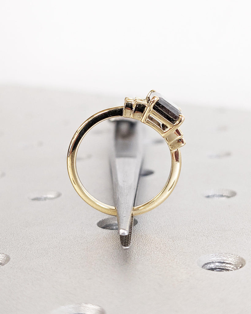Vintage Salt and Pepper Grey Diamond Engagement Ring | Unique Emerald cut Yellow Gold Ring | Multi Stone Diamond Rings | Anniversary Ring