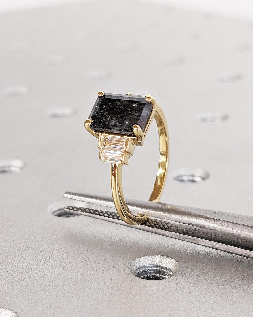 Vintage Salt and Pepper Grey Diamond Engagement Ring | Unique Emerald cut Yellow Gold Ring | Multi Stone Diamond Rings | Anniversary Ring