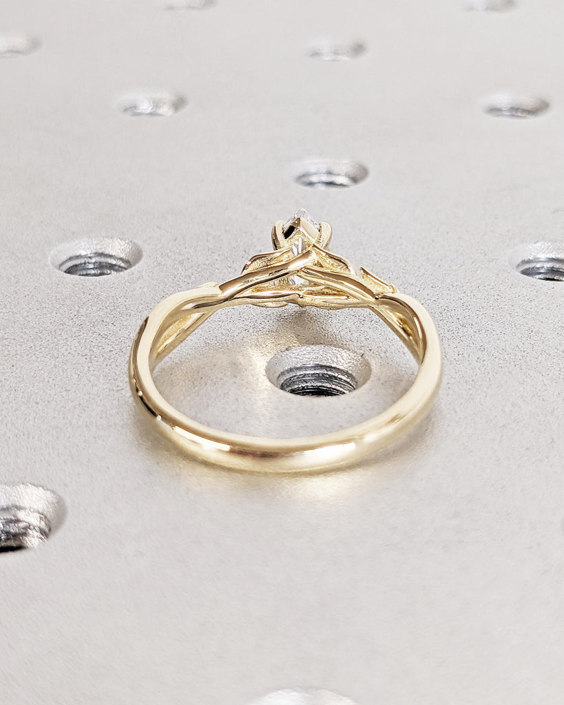 Nature Inspired Marquise Moissanite Engagement Ring, Laurel Leaves Design Wedding Ring, Vintage 14K Yellow Gold Handcrafted Anniversary Ring