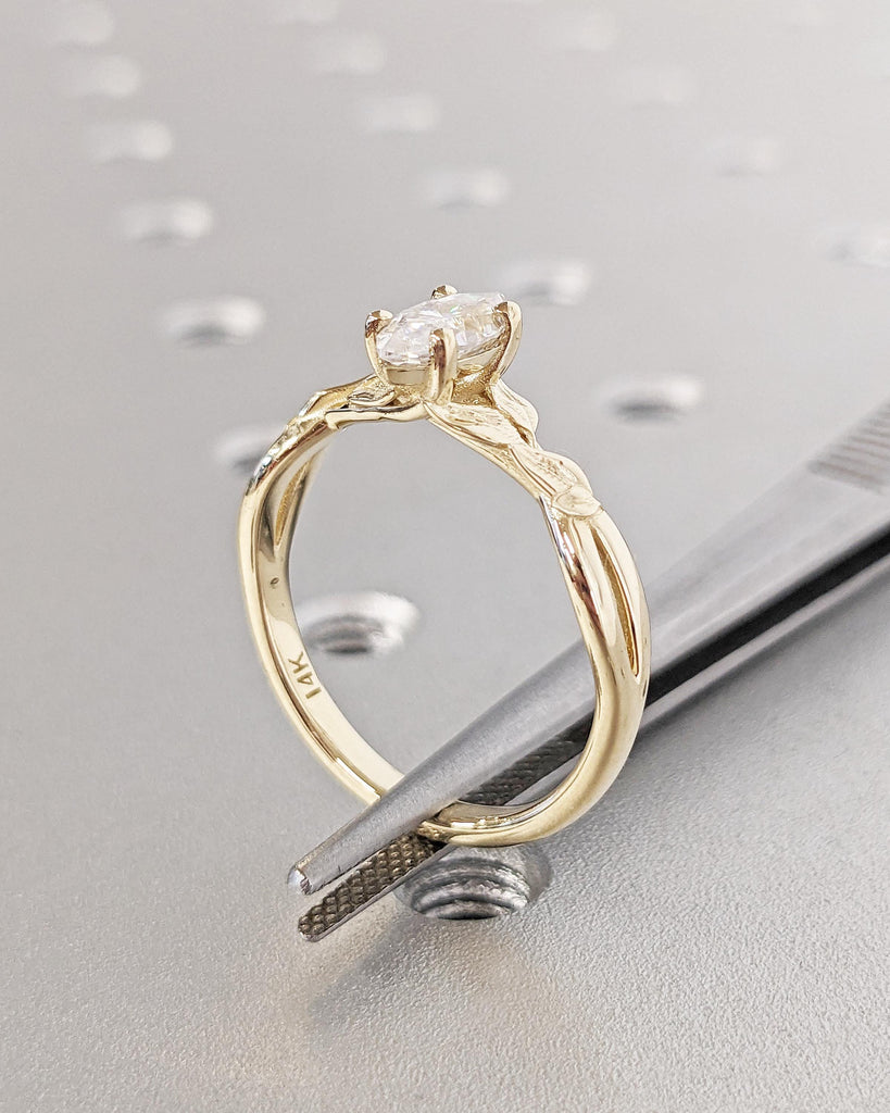 Nature Inspired Marquise Moissanite Engagement Ring, Laurel Leaves Design Wedding Ring, Vintage 14K Yellow Gold Handcrafted Anniversary Ring