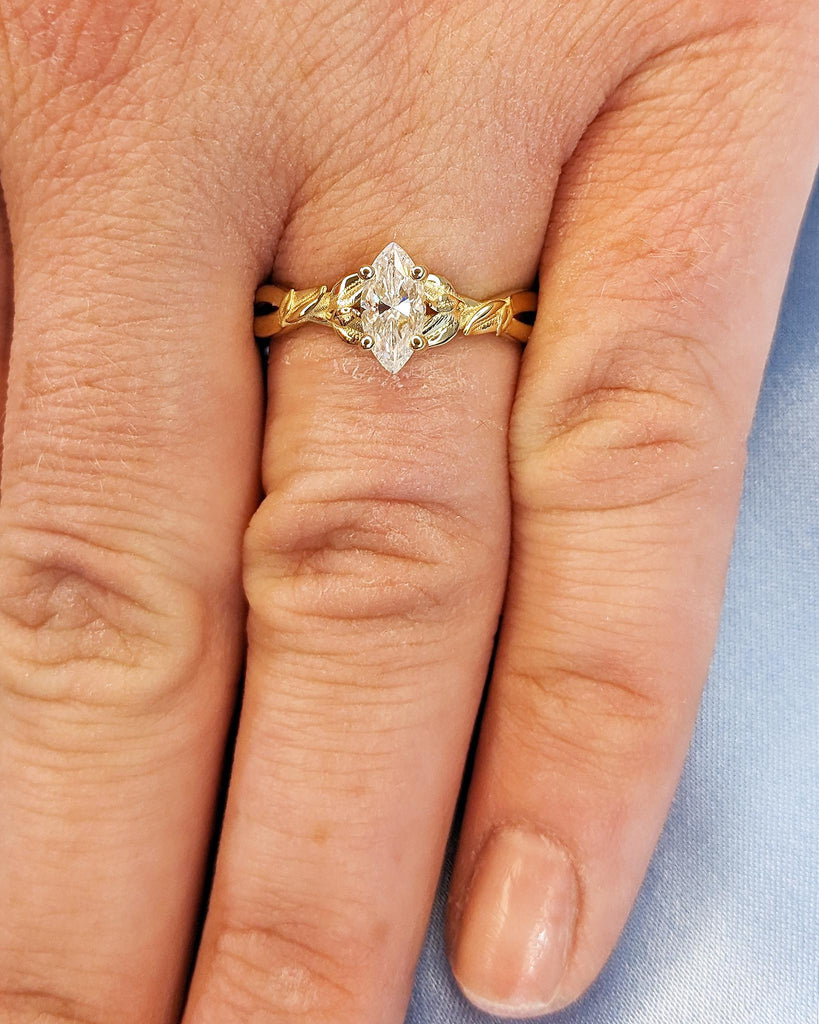 Nature Inspired Marquise Moissanite Engagement Ring, Laurel Leaves Design Wedding Ring, Vintage 14K Yellow Gold Handcrafted Anniversary Ring