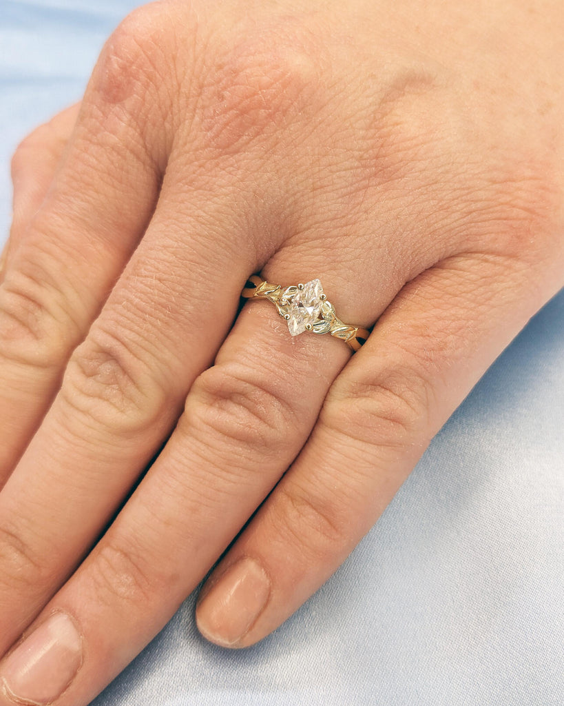 Nature Inspired Marquise Moissanite Engagement Ring, Laurel Leaves Design Wedding Ring, Vintage 14K Yellow Gold Handcrafted Anniversary Ring