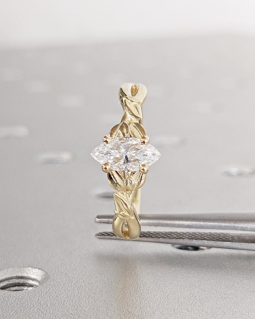 Nature Inspired Lab Grown Diamond Marquise Engagement Ring, Laurel Leaves Design Wedding Ring, Vintage Yellow Gold Handcrafted Ring for Her