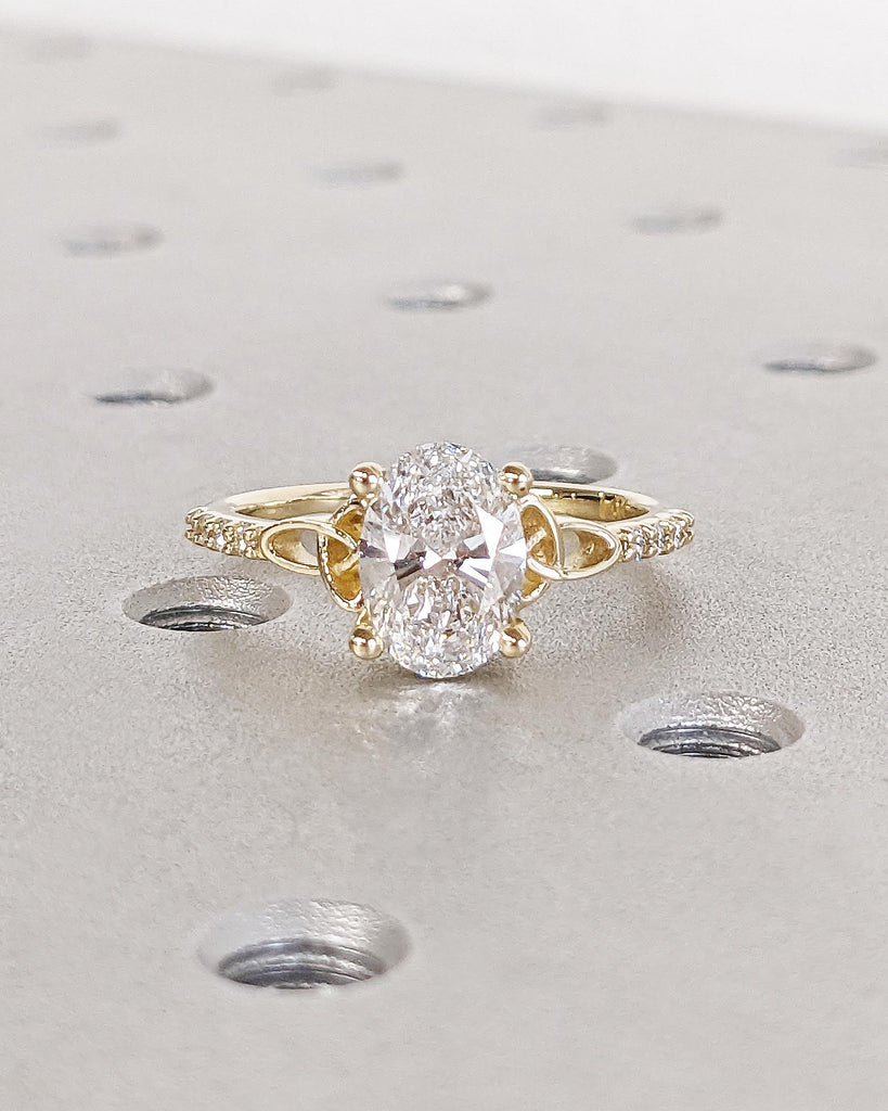 Oval cut Lab Created Diamond Celtic Engagement Ring for Women, 14k Solid Yellow Gold Irish Knot Promise Ring, Diamond Cluster Eternity Band
