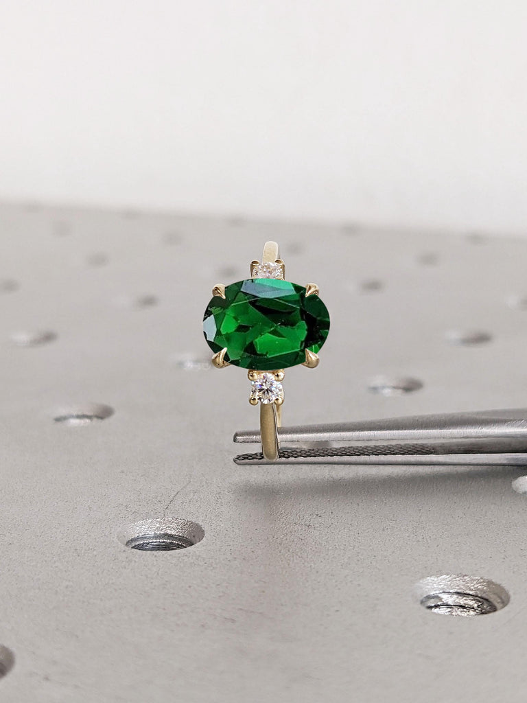 Oval Lab Grown Emerald Engagement Ring, Art Deco Solid Gold Ring, Lab Emerald and Diamond Cocktail Ring, Gold Statement Ring, Gift for Her image #2