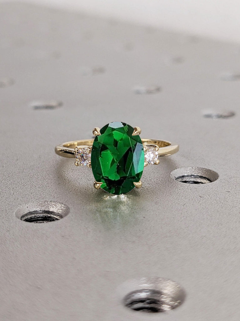 Oval Lab Grown Emerald Engagement Ring, Art Deco Solid Gold Ring, Lab Emerald and Diamond Cocktail Ring, Gold Statement Ring, Gift for Her image #5