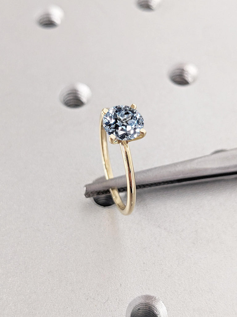Round Aquamarine Ring, 14k Solid Gold Ring, Vintage Engagement Rings for Women, Aquamarine Wedding Band, Minimalist Ring, March Birthstone
