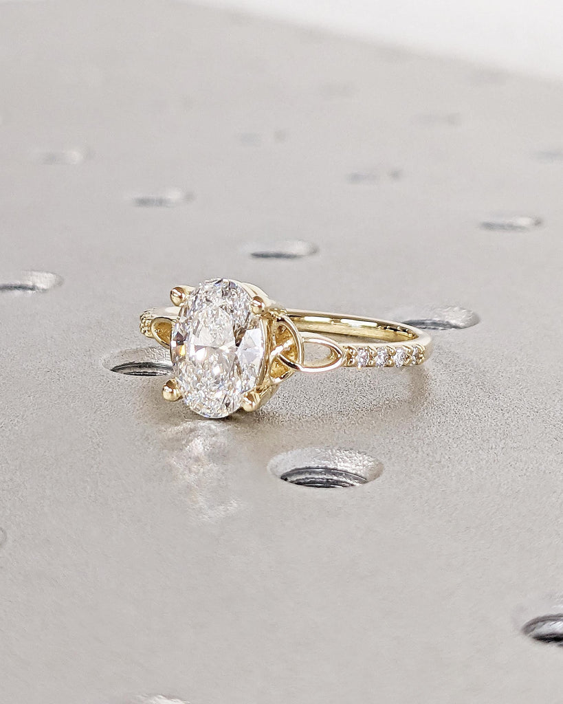 Oval cut Moissanite Celtic Engagement Ring for Women, 14k Solid Yellow Gold Irish Knot Promise Ring, Diamond Cluster Eternity Band for Her
