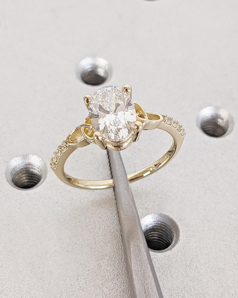 Oval cut Moissanite Celtic Engagement Ring for Women, 14k Solid Yellow Gold Irish Knot Promise Ring, Diamond Cluster Eternity Band for Her