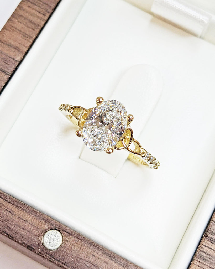 Oval cut Moissanite Celtic Engagement Ring for Women, 14k Solid Yellow Gold Irish Knot Promise Ring, Diamond Cluster Eternity Band for Her