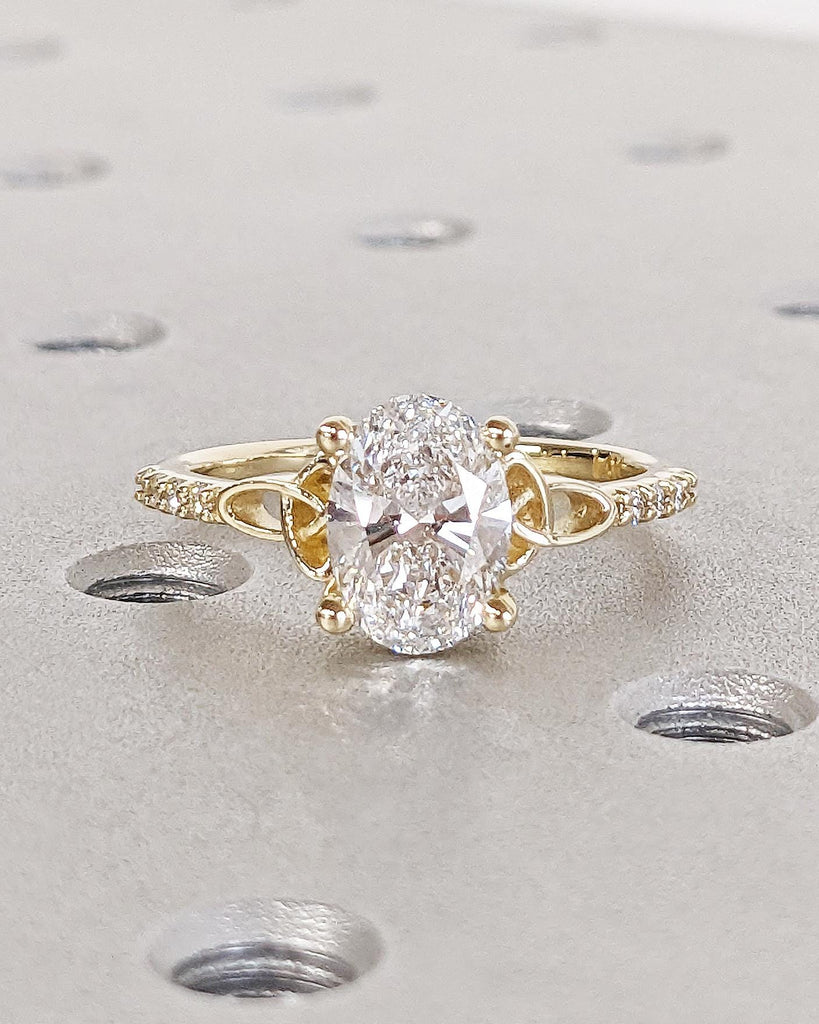 Oval cut Moissanite Celtic Engagement Ring for Women, 14k Solid Yellow Gold Irish Knot Promise Ring, Diamond Cluster Eternity Band for Her