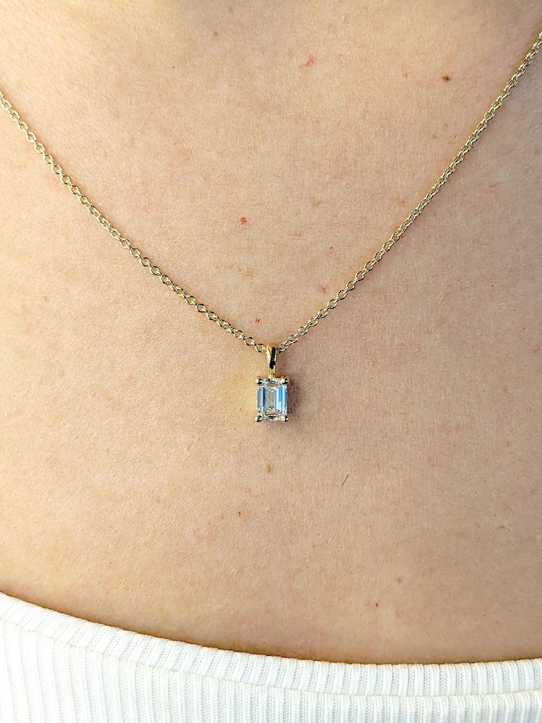 Emerald cut Lab Created Diamond Yellow Gold Necklace | Solitaire Pendant | Diamond Pendant | 14k Gold Chain Necklace