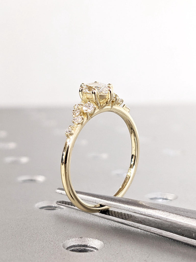 0.5-2ct Oval Cut VVS Moissanite Ring | 14k Yellow Gold Moissanite Engagement Ring | Art Deco Snowdrift Diamond Cluster Ring | Gift for Women