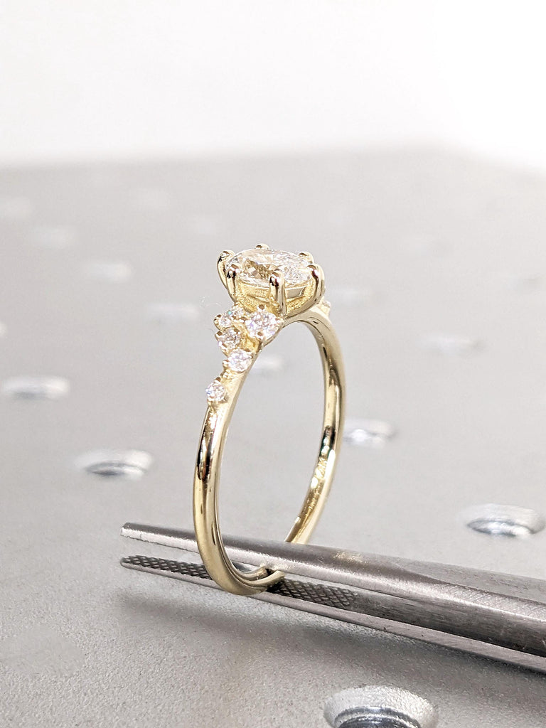 0.5-2ct Oval Cut VVS Moissanite Ring | 14k Yellow Gold Moissanite Engagement Ring | Art Deco Snowdrift Diamond Cluster Ring | Gift for Women