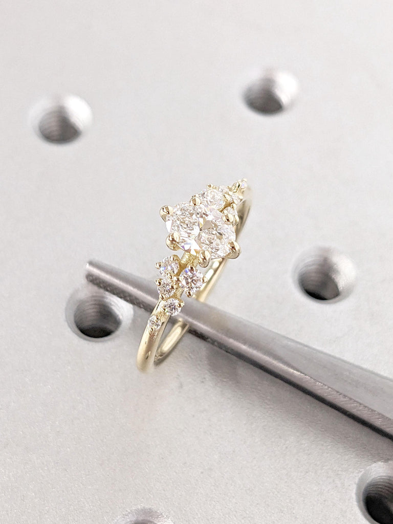 Oval Moissanite Engagement Ring for Women | 14K Yellow Gold Promise Ring | Unique Snowdrift IGI Diamond Cluster Wedding Ring Gift