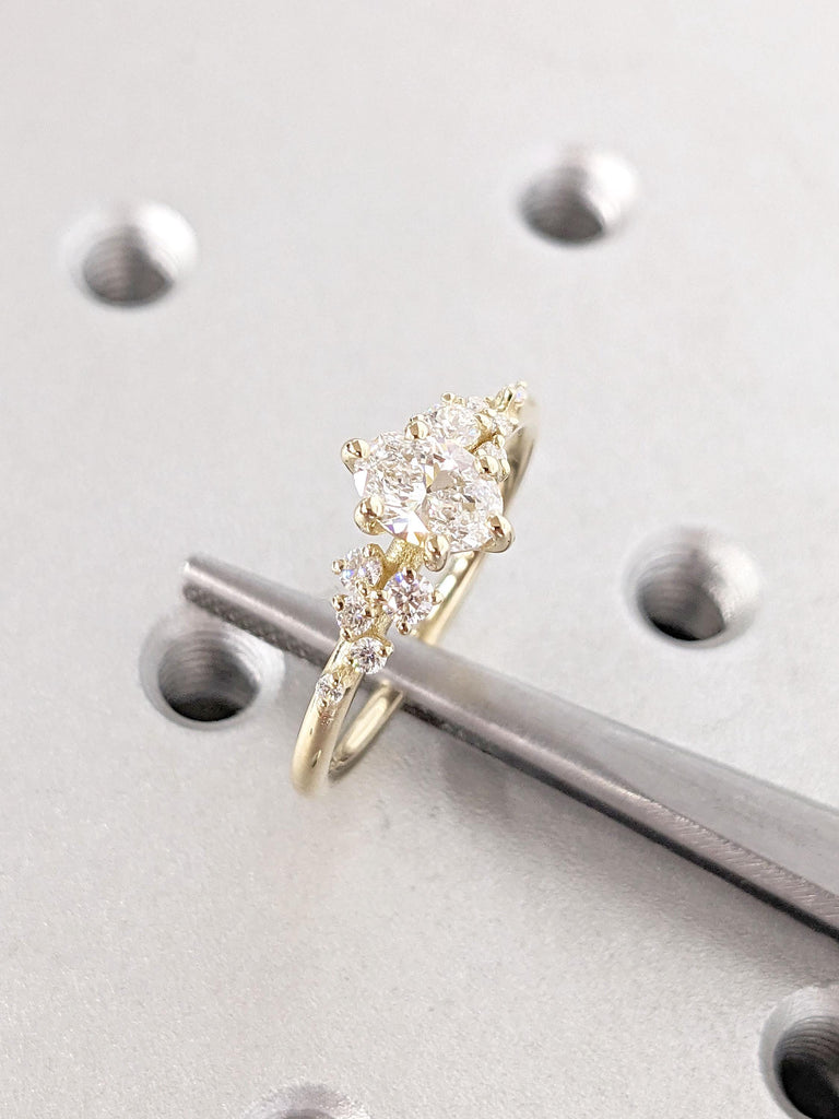 Oval Moissanite Engagement Ring for Women | 14K Yellow Gold Promise Ring | Unique Snowdrift IGI Diamond Cluster Wedding Ring Gift