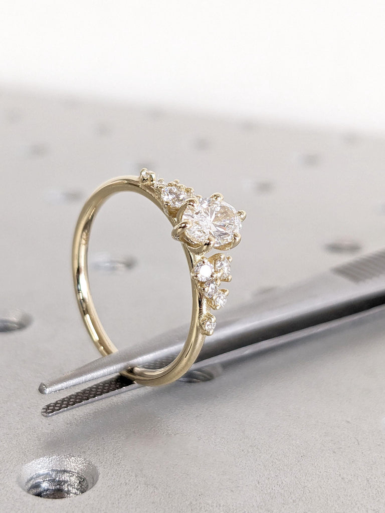 0.5-2ct Oval Cut VVS Moissanite Ring | 14k Yellow Gold Moissanite Engagement Ring | Art Deco Snowdrift Diamond Cluster Ring | Gift for Women
