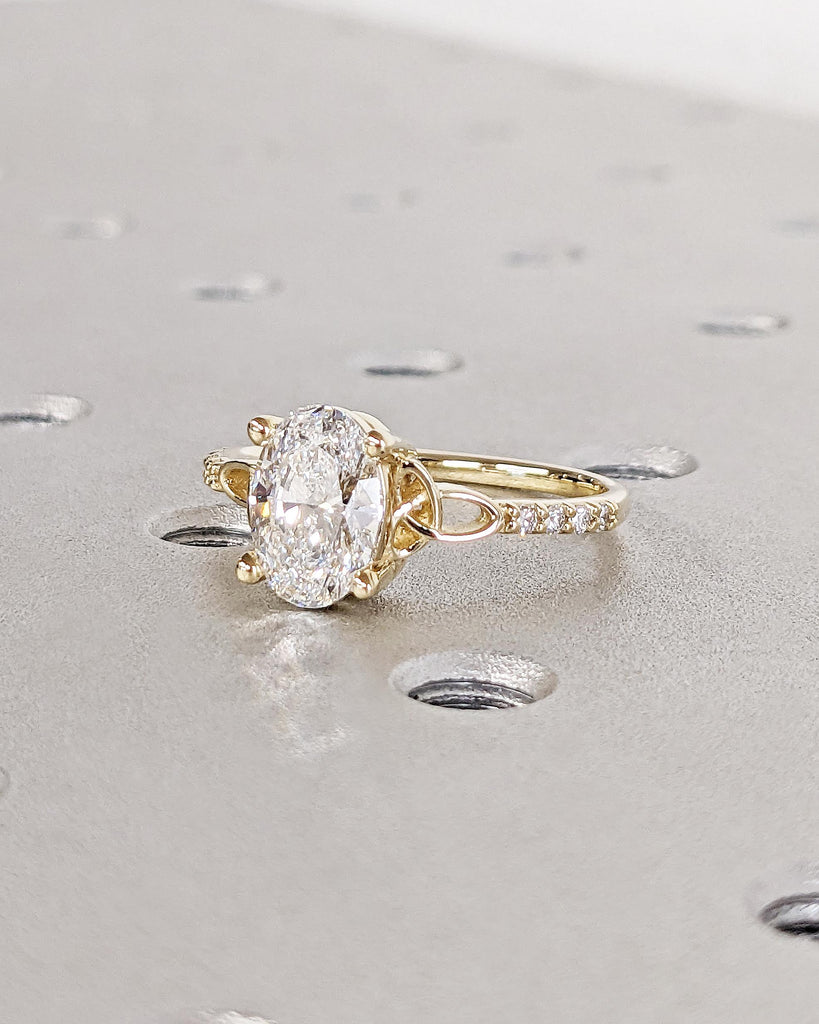 1.5ct Oval cut Lab Created Diamond Celtic Engagement Ring for Women, 14k Solid Gold Irish Knot Promise Ring, Diamond Cluster Eternity Band
