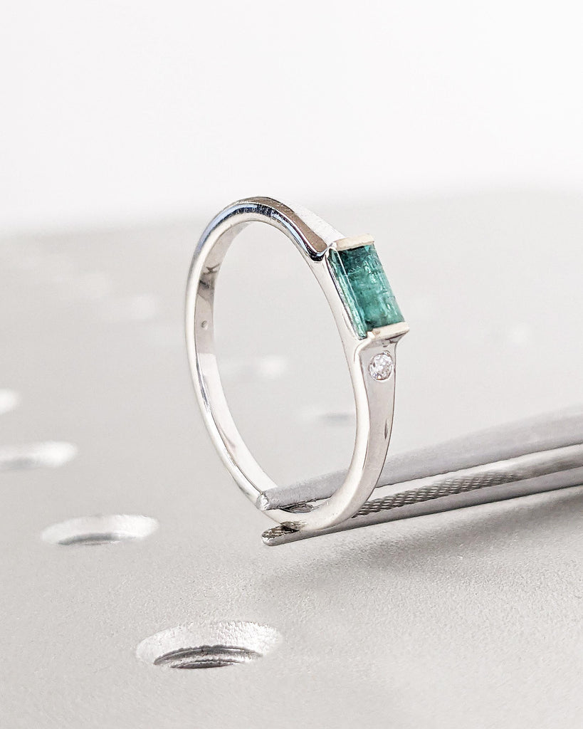 Emerald Ring - Baguette Emerald Ring - 14k White Gold Minimalist Emerald Ring - Stacking Emerald Ring Emerald Jewelry - May Birthstone Ring