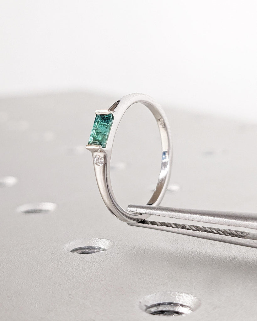 Emerald Ring - Baguette Emerald Ring - 14k White Gold Minimalist Emerald Ring - Stacking Emerald Ring Emerald Jewelry - May Birthstone Ring