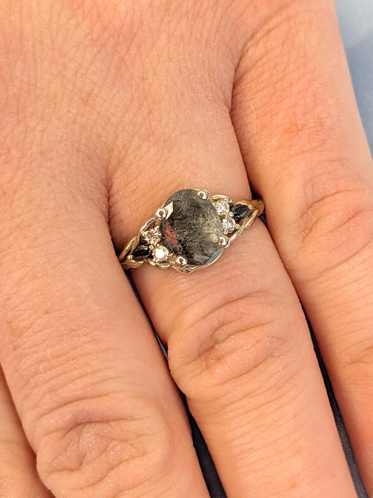 Vintage 1.5ct, 2CT Oval Gray Salt and Pepper Diamond Engagement Ring | 14k White Gold Ring | Nature Inspired Seven Stone Wedding Ring Women
