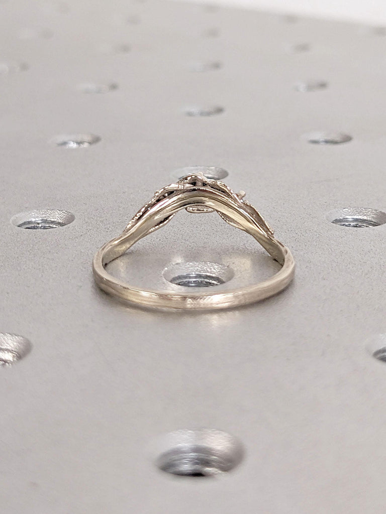 Unique Nature Inspired Ring, Women Wedding Band, 14k White Gold Ring, Black Diamond Stacking Rings for Women, Gold Leaf Ring, Matching Ring