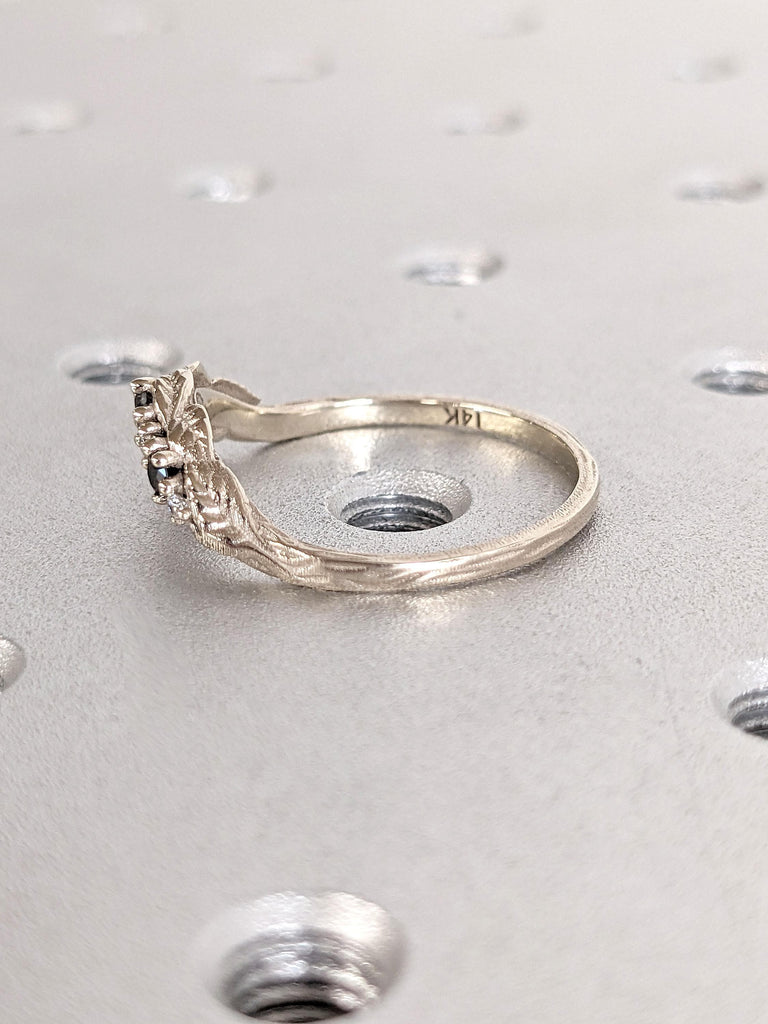 Unique Nature Inspired Ring, Women Wedding Band, 14k White Gold Ring, Black Diamond Stacking Rings for Women, Gold Leaf Ring, Matching Ring