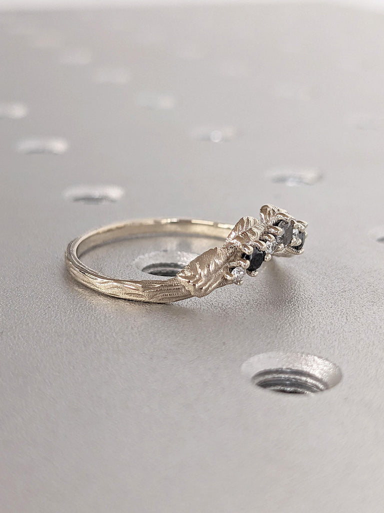 Art Deco Leaf Wedding Band | White Gold Natural Inspire Leaf Branch Ring | Wedding Ring | Stacking Matching Custom Ring Anniversary Gift For Her | Diamond Cluster Ring | Black Onyx Diamond