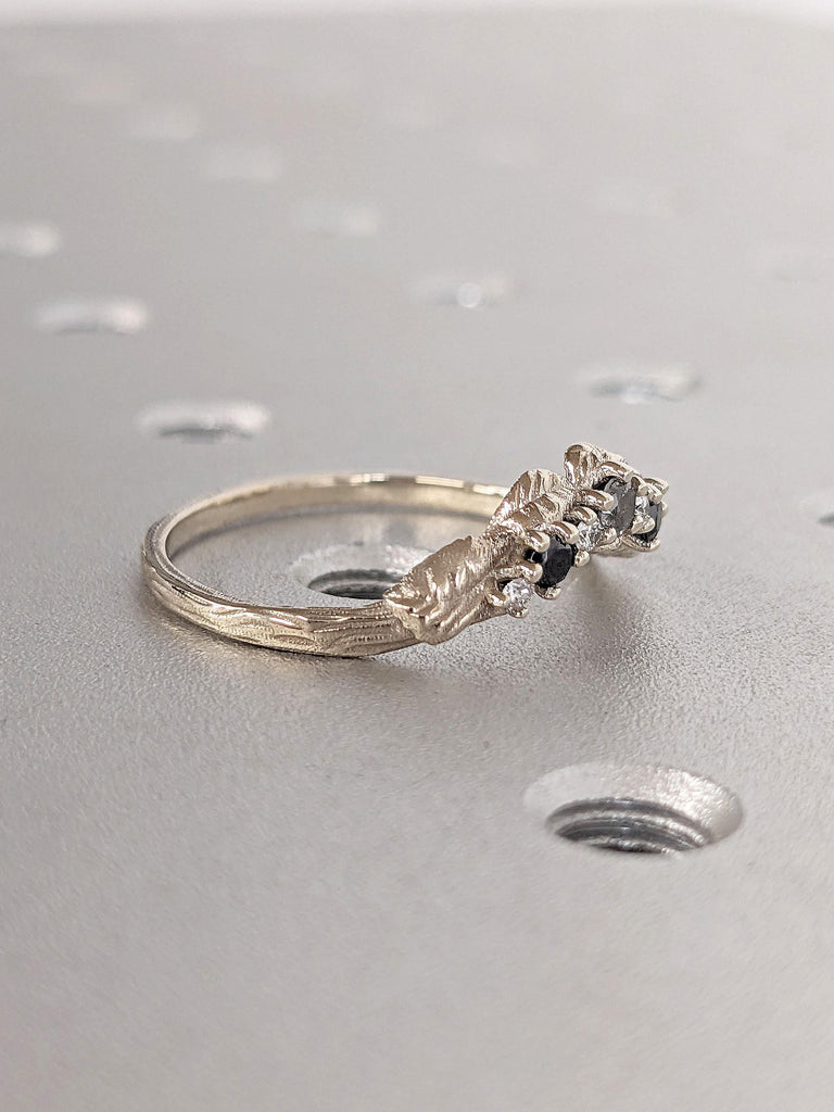 Art Deco Leaf Wedding Band | White Gold Natural Inspire Leaf Branch Ring | Wedding Ring | Stacking Matching Custom Ring Anniversary Gift For Her | Diamond Cluster Ring | Black Onyx Diamond